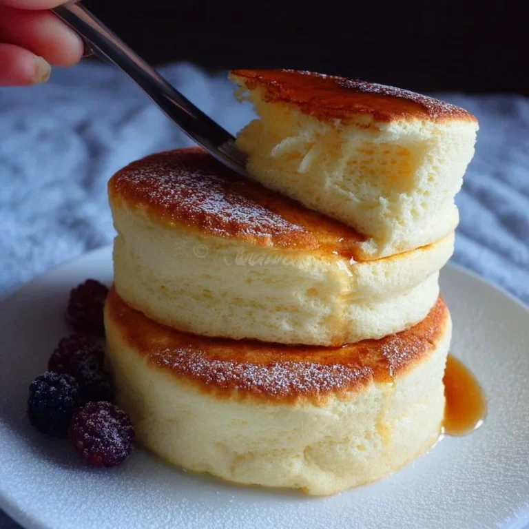 Fluffy Japanese soufflé pancakes served with syrup and berries