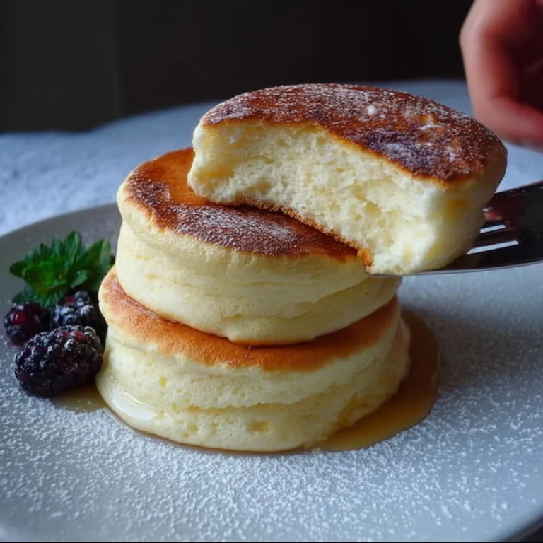 Fluffy Japanese soufflé pancakes topped with syrup and berries