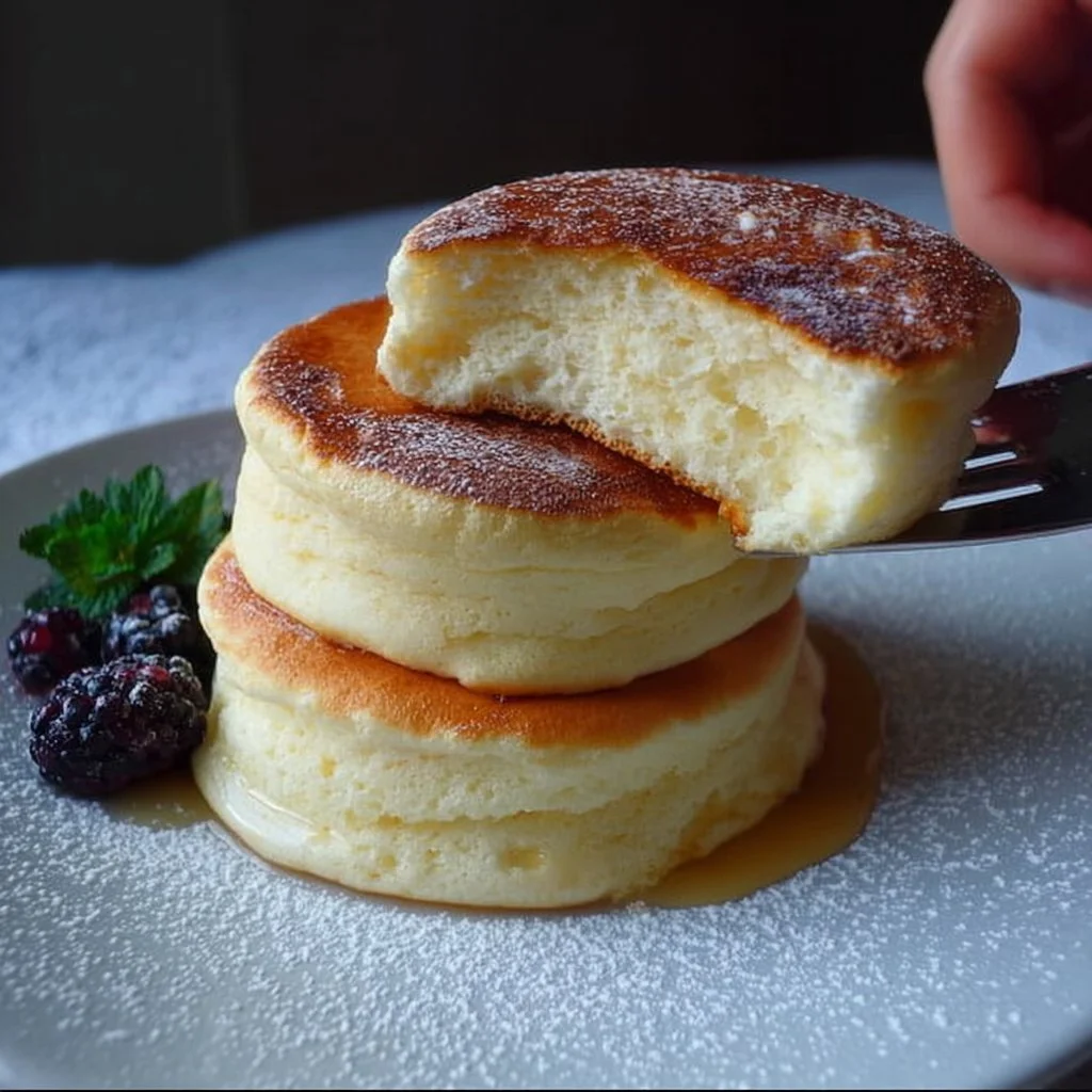 Fluffy Japanese soufflé pancakes topped with syrup and berries