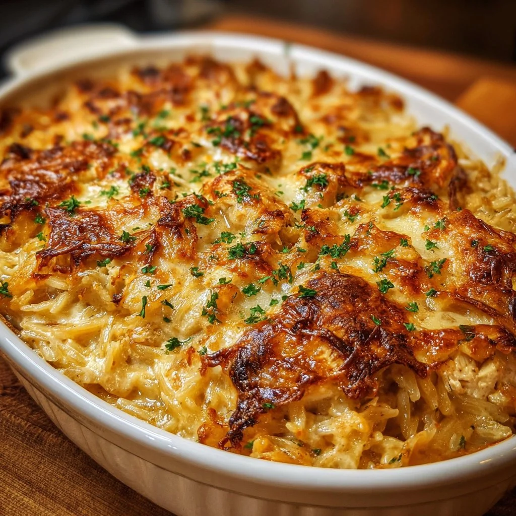 Delicious French onion chicken orzo casserole in a baking dish