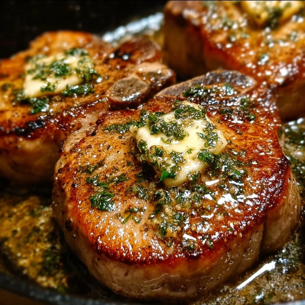 Garlic butter pan-seared pork chops served on a plate with herbs