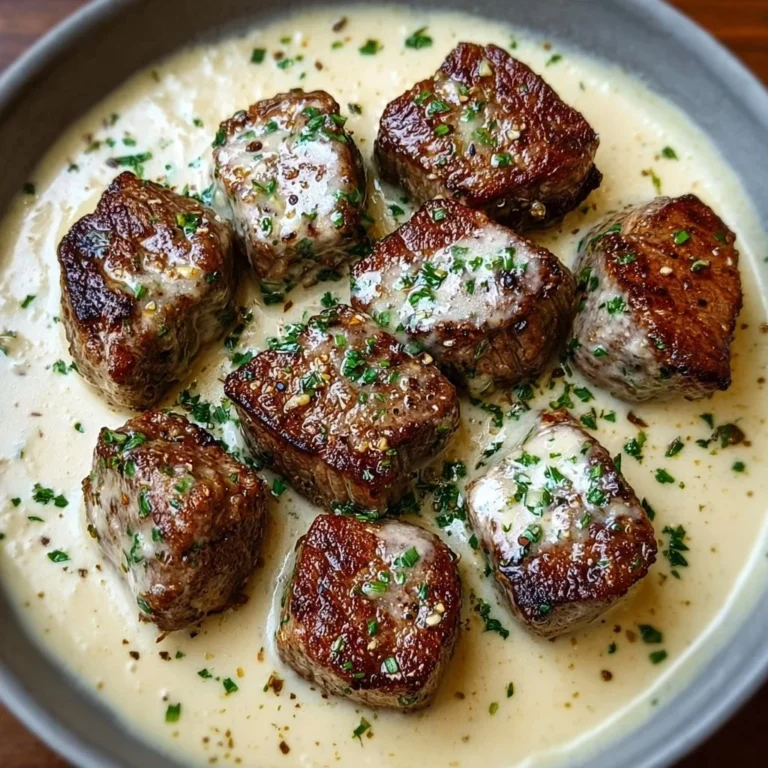 Delicious garlic butter steak bites drizzled with rich parmesan cream sauce.