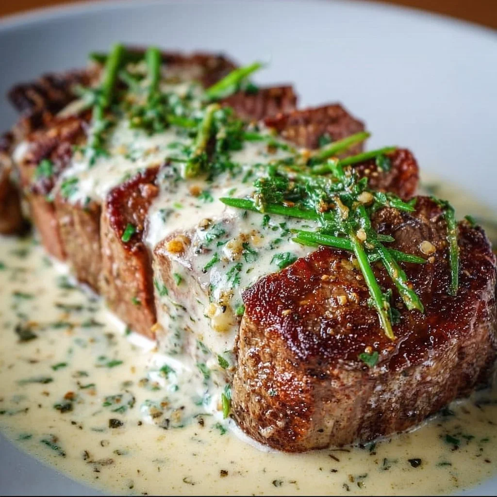 Garlic butter steak topped with rich parmesan cream sauce on a plate