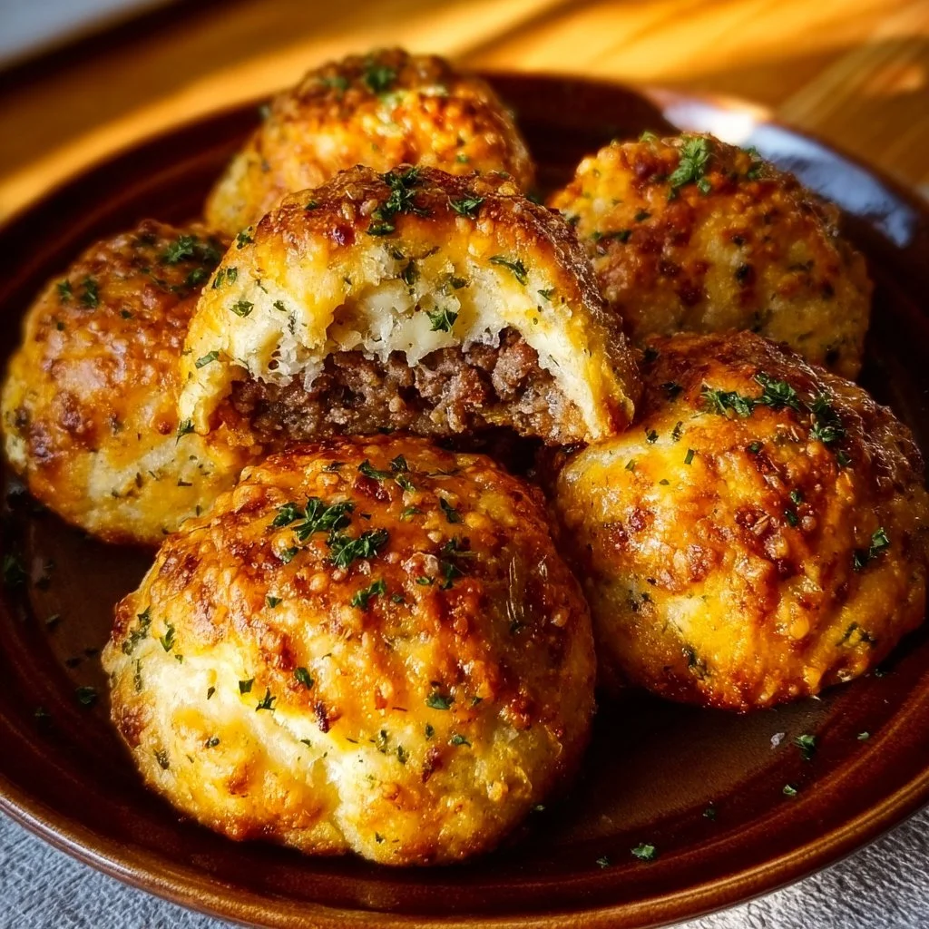 Delicious garlic parmesan cheeseburger bombs served on a plate.