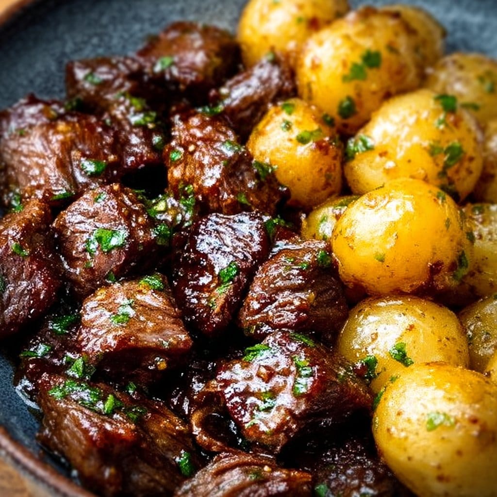 Slow Cooker Garlic Butter Beef Bites with Potatoes