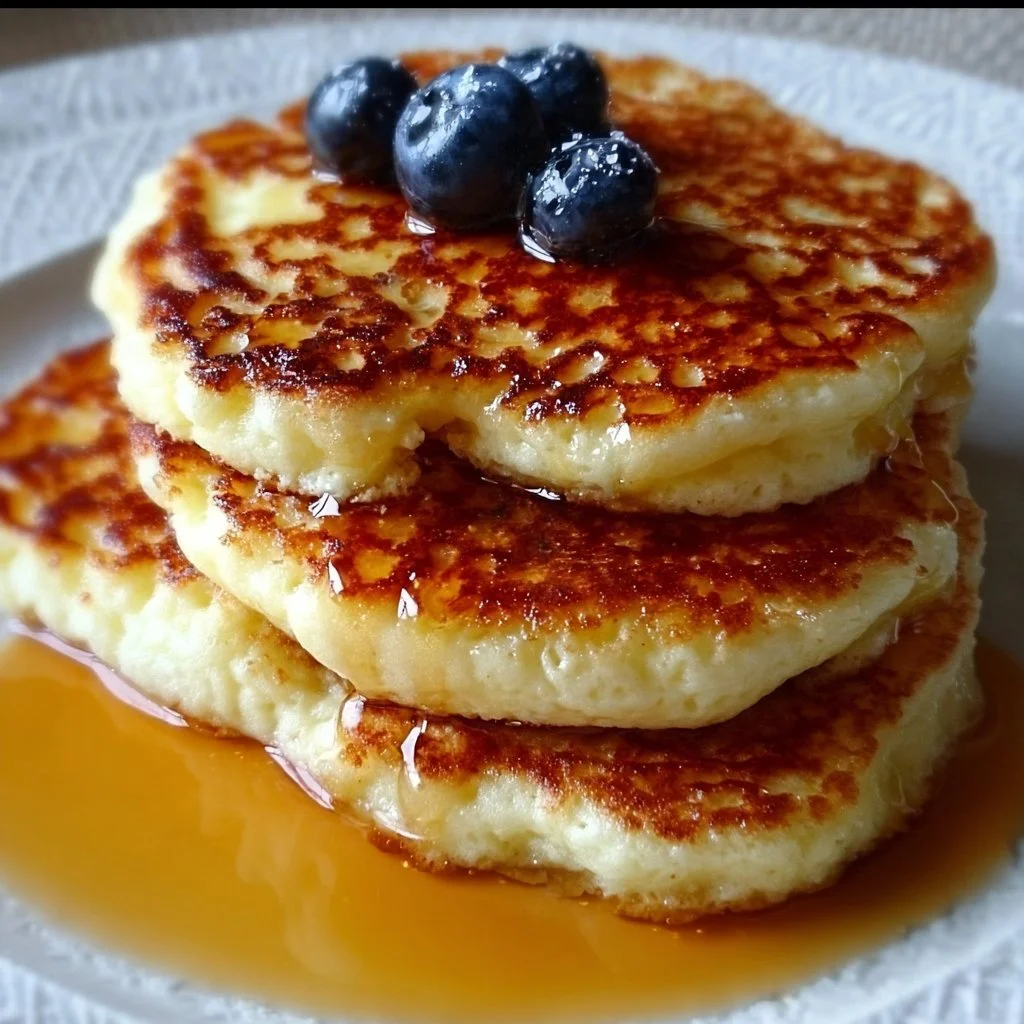 Fluffy gluten free cottage cheese pancakes stacked on a plate with syrup