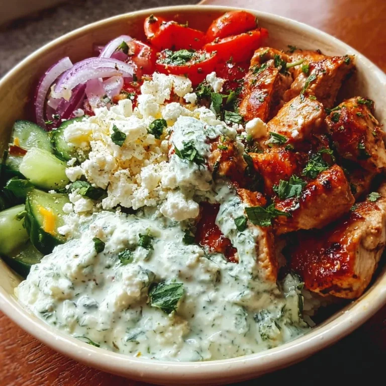 Delicious Greek Chicken Bowl with fresh vegetables and tasty dressing