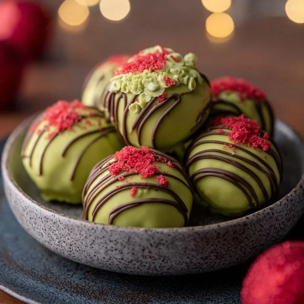 Grinch Oreo Balls made with Red Velvet Oreos on a festive holiday backdrop