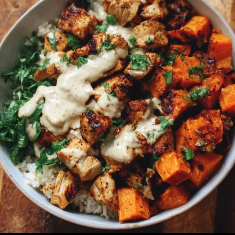 Healthy chicken rice bowl with sweet potato, vibrant veggies, and rich flavors