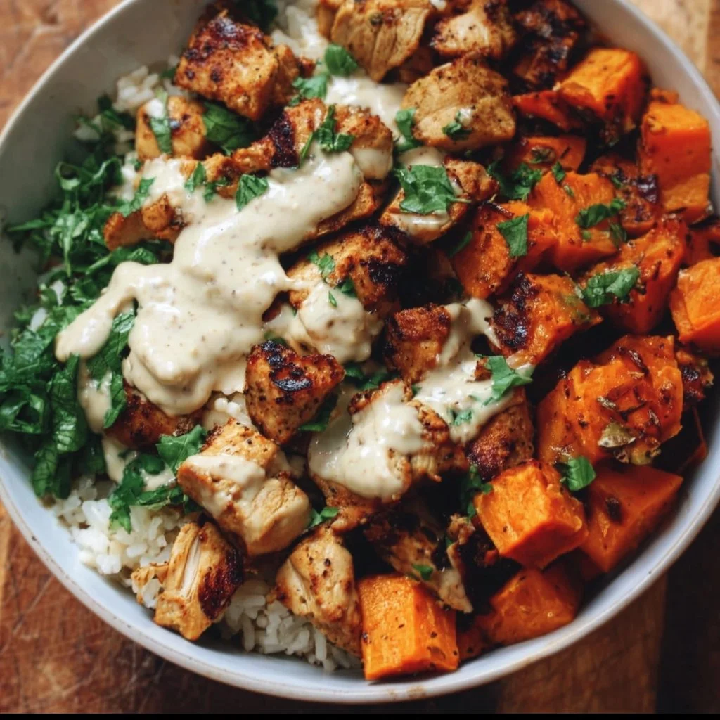 Healthy chicken rice bowl with sweet potato, vibrant veggies, and rich flavors