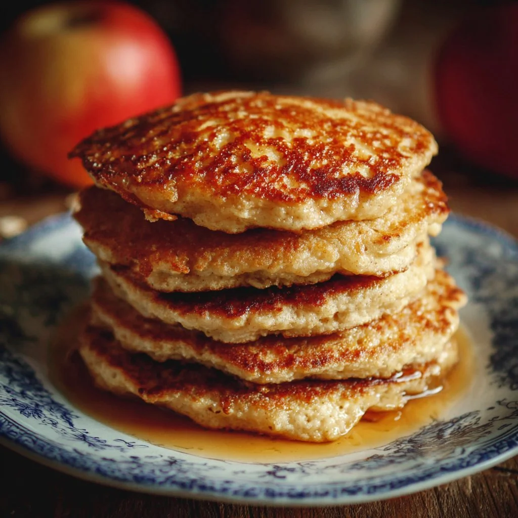 Healthy oatmeal apple pancakes stacked on a plate with fresh apple slices