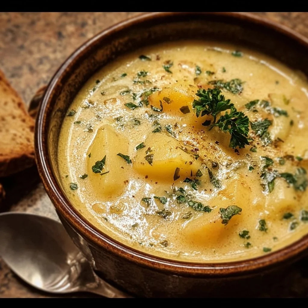 Creamy cheddar garlic herb potato soup in a bowl garnished with herbs