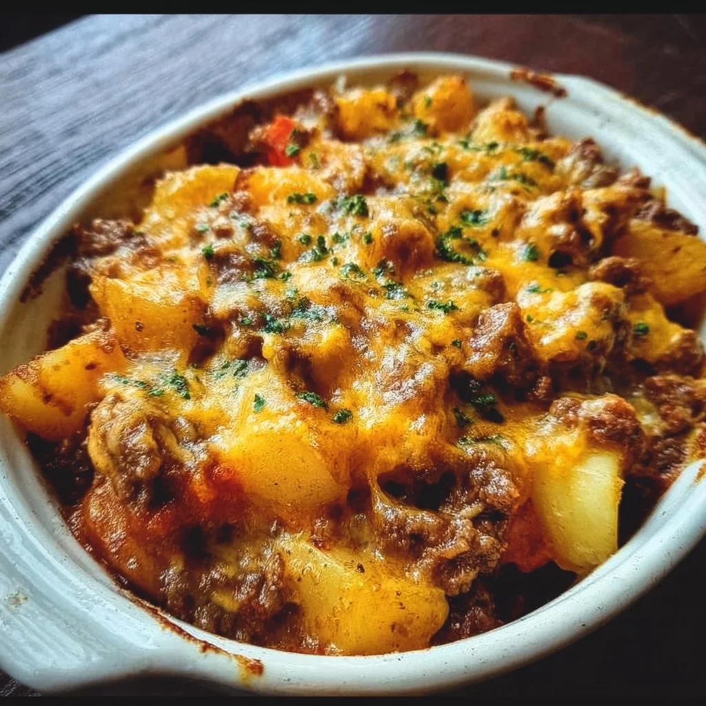 Delicious Hobo Casserole dish topped with melted cheese and mixed vegetables