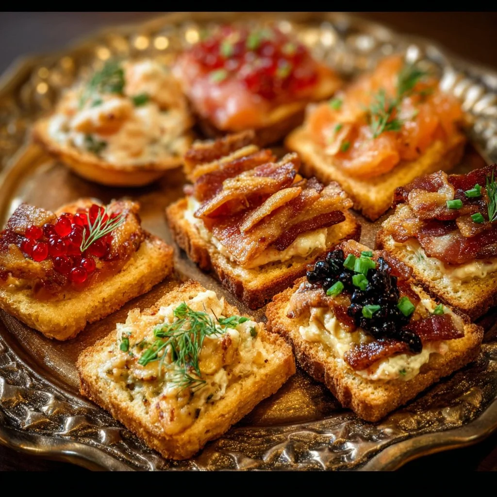 Plate of delicious holiday appetizers including dips, cheeses, and finger foods.