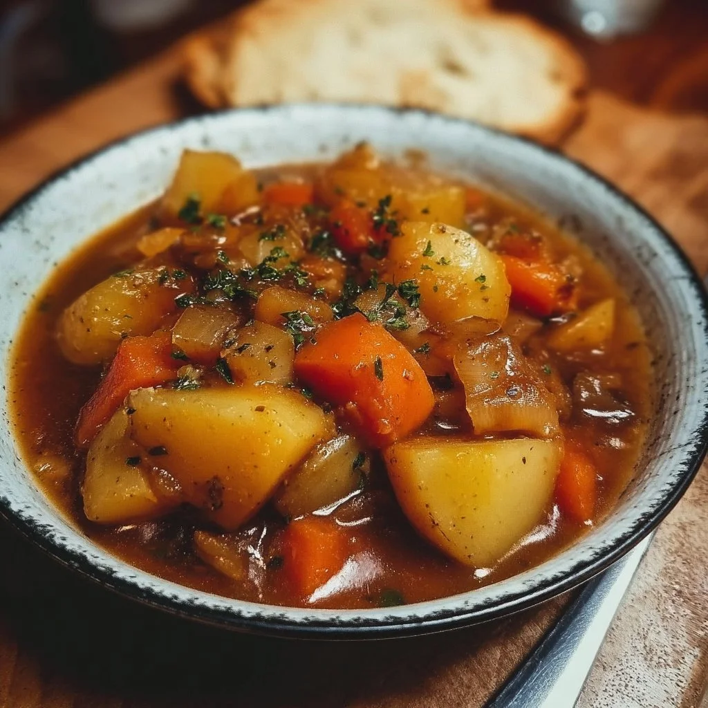 A bowl of delicious Irish Vegetarian Stew with fresh vegetables and herbs.