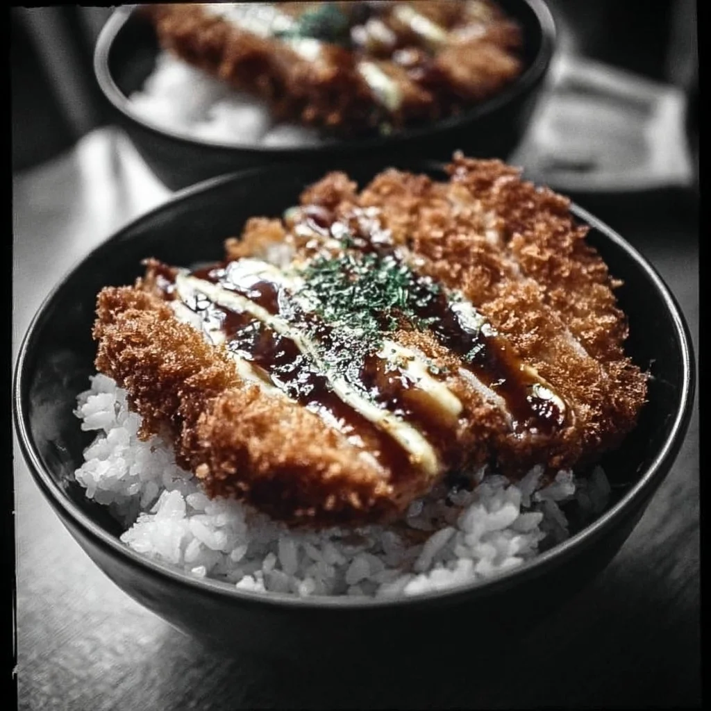 Delicious Japanese Katsu Bowl with crispy chicken, rice, and fresh vegetables