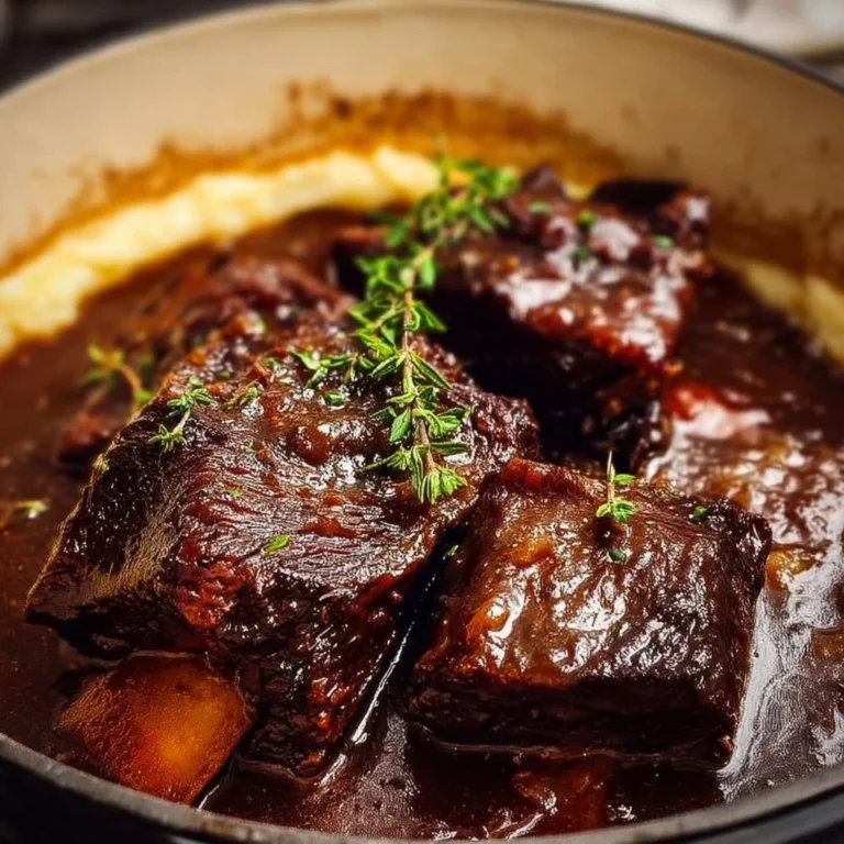 Juicy beef short ribs cooked in a Dutch oven for a delicious meal
