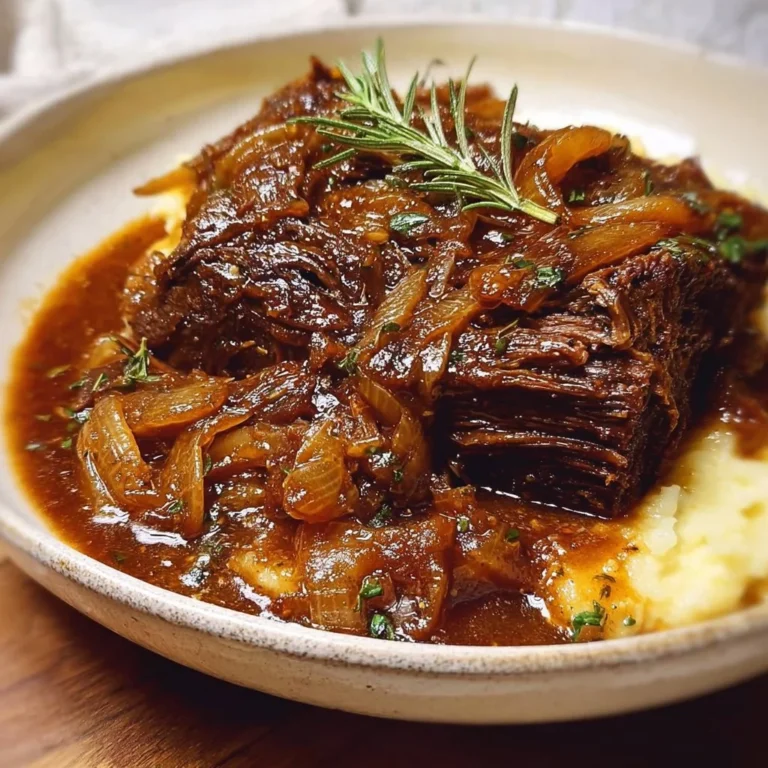 Juicy French onion pot roast dish garnished with herbs and onions