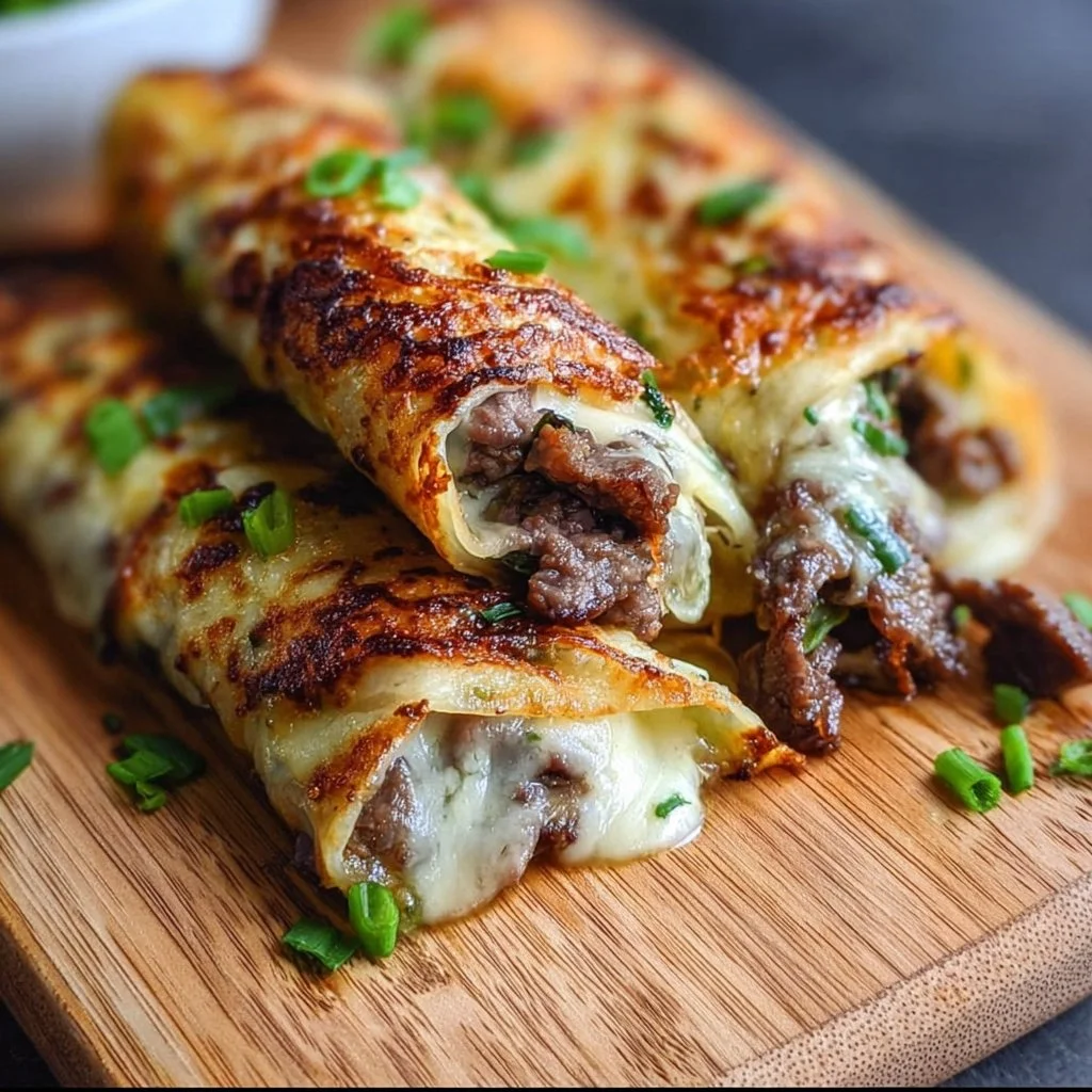 Keto Philly Cheesesteak Rolls filled with meat and cheese on a low-carb dough.