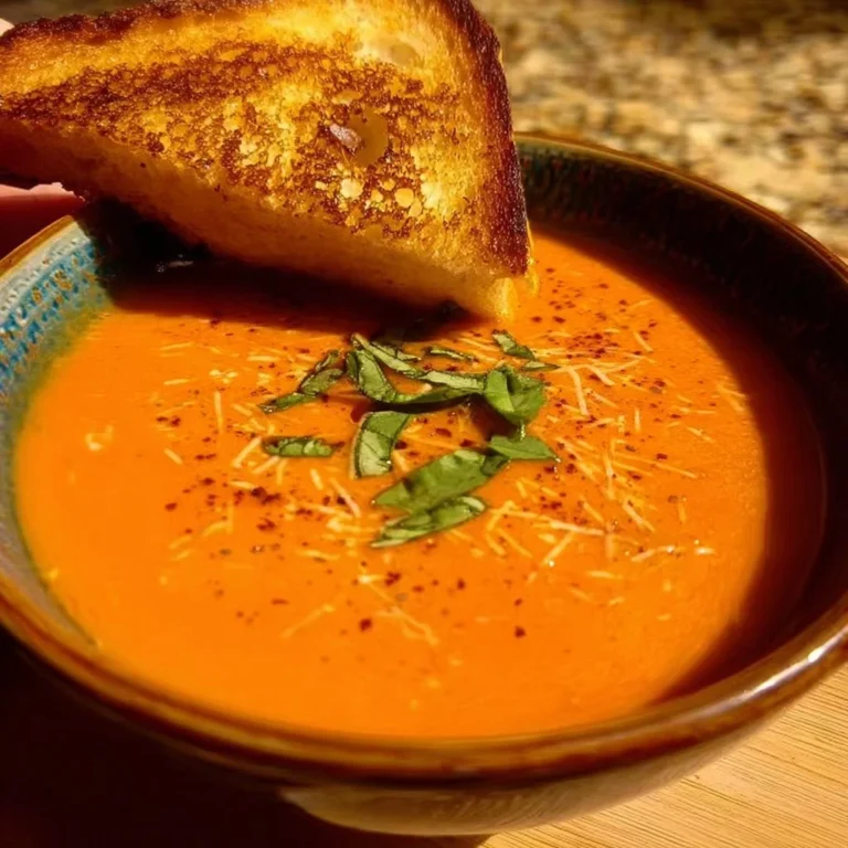 Bowl of creamy tomato soup made with canned tomatoes, garnished with herbs.