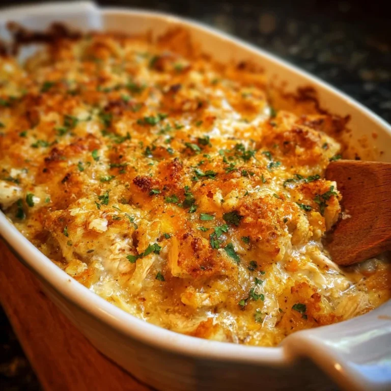 Delicious Million Dollar Chicken Casserole topped with golden crust and herbs