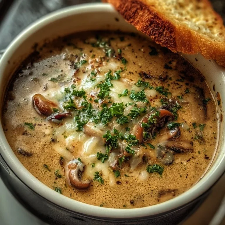 Delicious mushroom and onion soup served in a rustic bowl