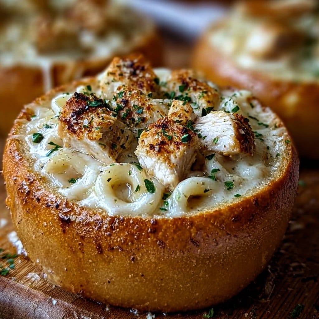 Chicken Alfredo Garlic Bread Bowls