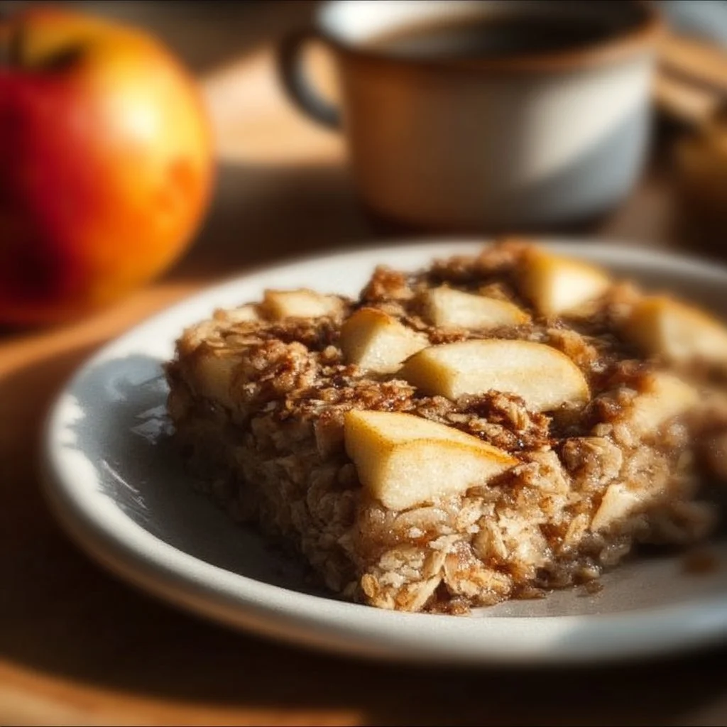 Oatmeal Apple Bake fresh out of the oven with apple slices and oatmeal topping.