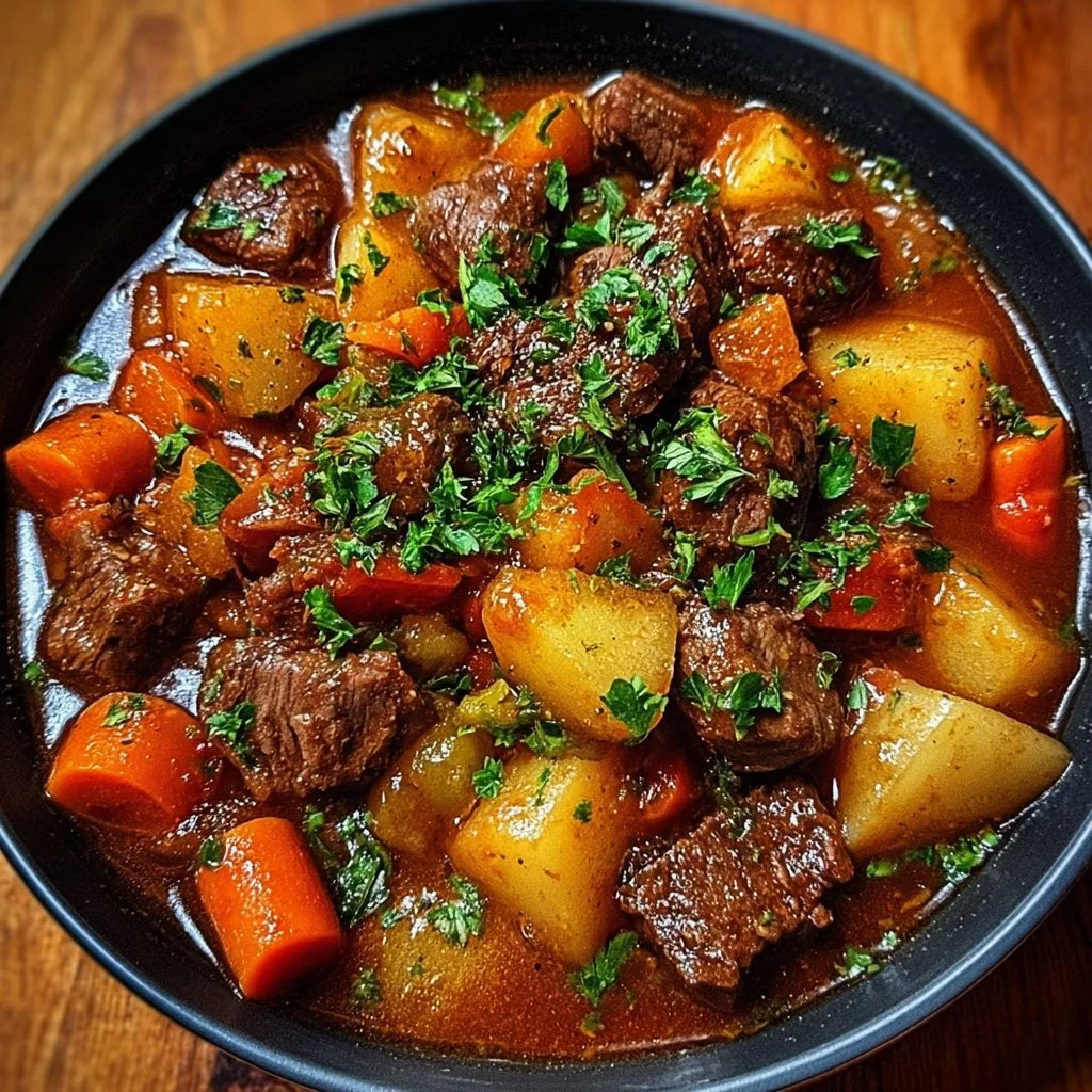 Delicious one-pot autumn beef stew simmering with vegetables and herbs