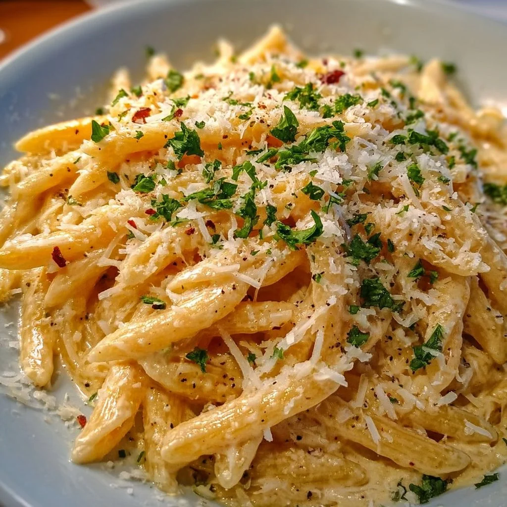 Delicious one pot creamy garlic pasta served in a bowl