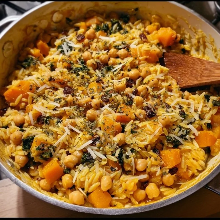 One Pot Fall Vegetable Orzo with Chickpeas in a colorful bowl