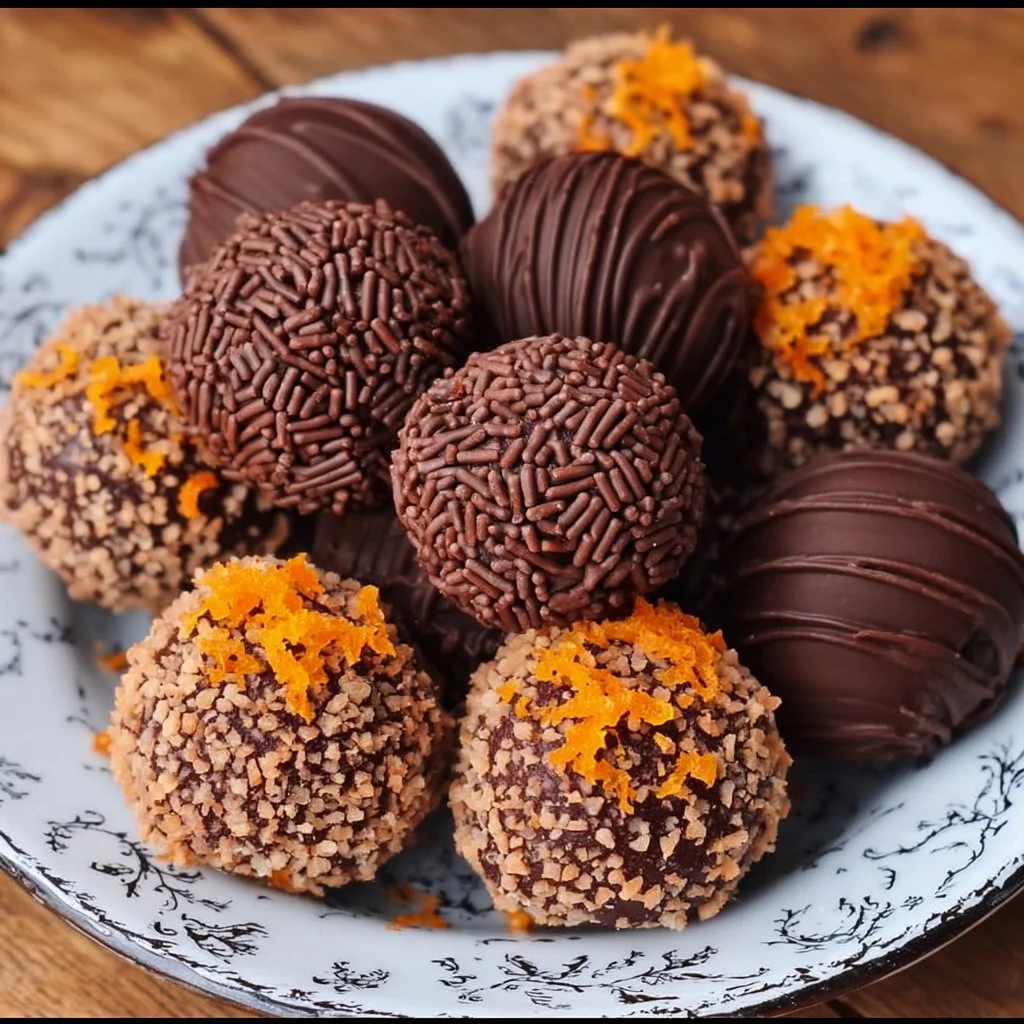 Homemade orange chocolate truffles decorated for Christmas