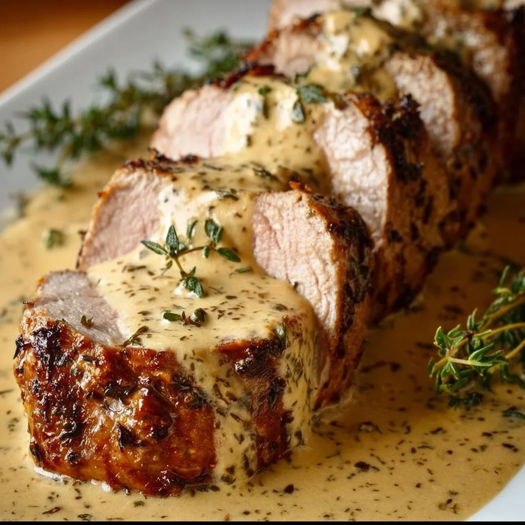 Oven-baked pork tenderloin with Dijon cream sauce on a plate