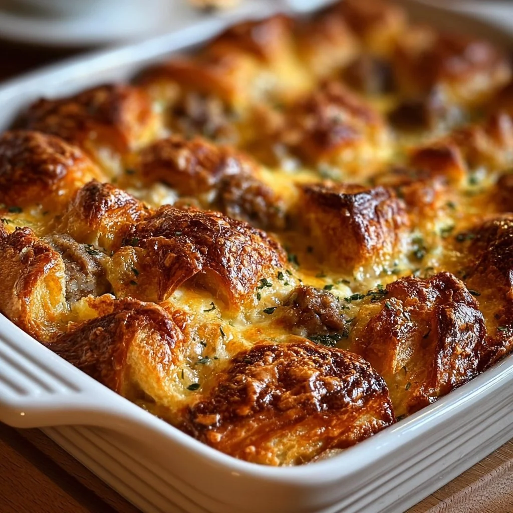 Delicious Overnight Croissant Breakfast Casserole ready to serve