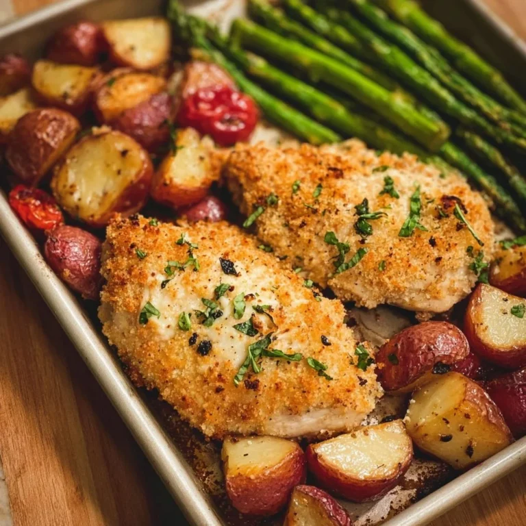 Parmesan Crusted Chicken Sheet Pan Dinner with vegetables and crispy crust