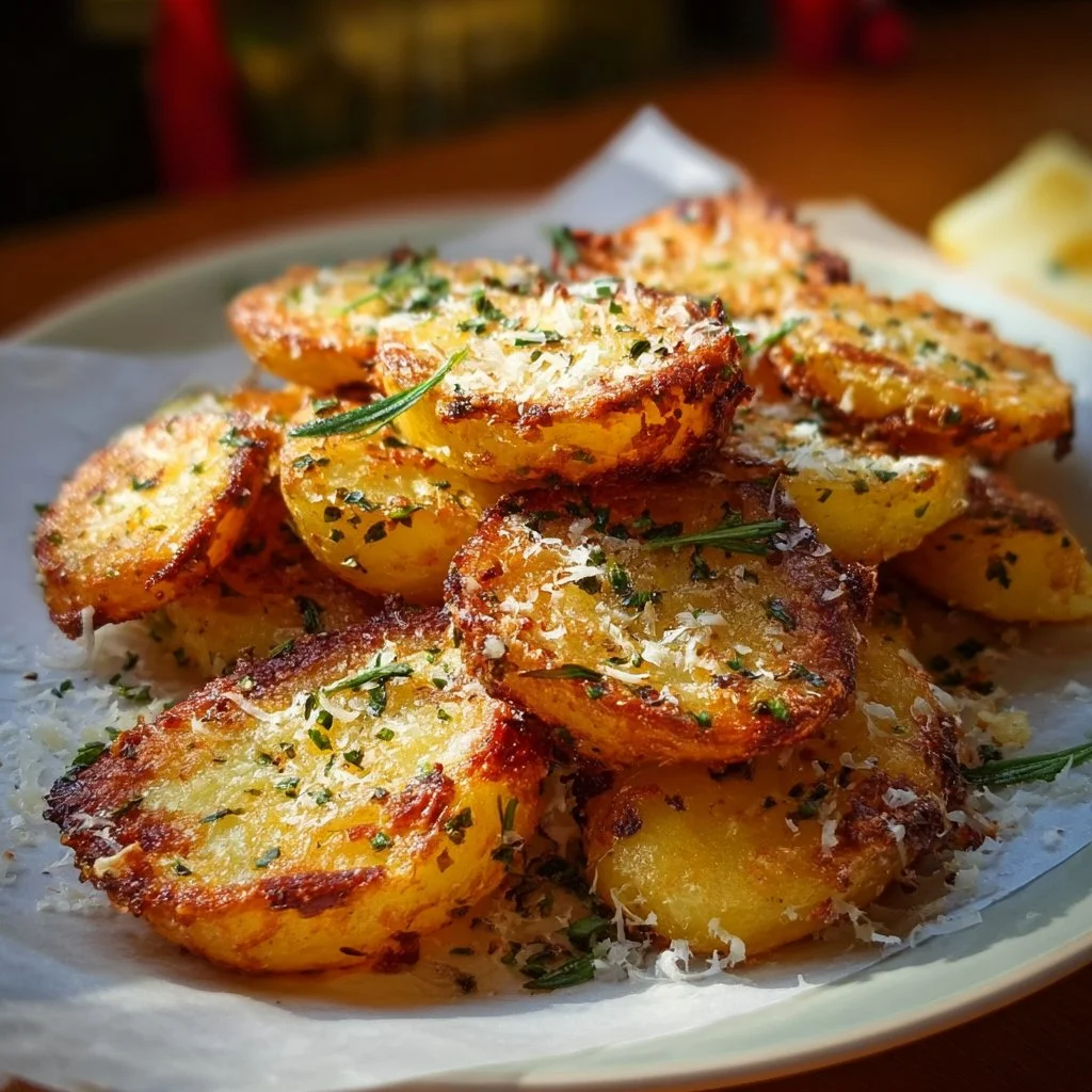 Delicious Parmesan Herb Crispy Potatoes garnished with herbs