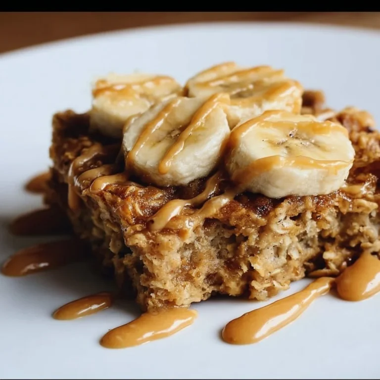 Peanut Butter Banana Baked Oatmeal topped with banana slices and peanut butter