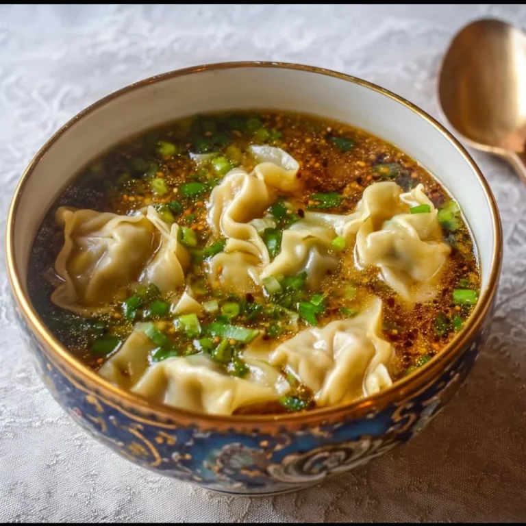 Bowl of comforting Potsticker Soup with dumplings and fresh herbs