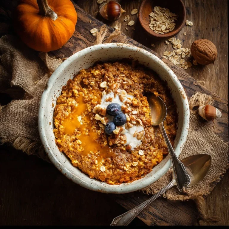 Delicious pumpkin baked oatmeal served in a bowl, topped with nuts and spices.