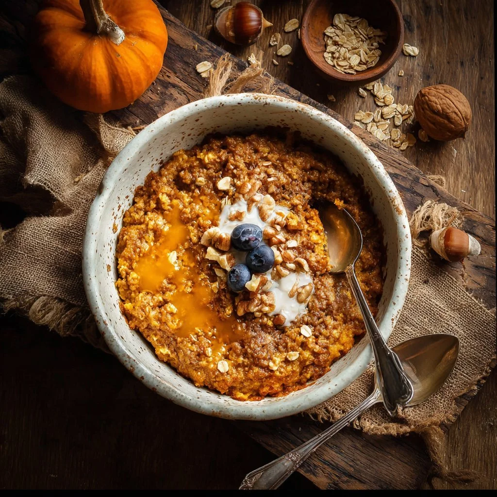 Delicious pumpkin baked oatmeal served in a bowl, topped with nuts and spices.