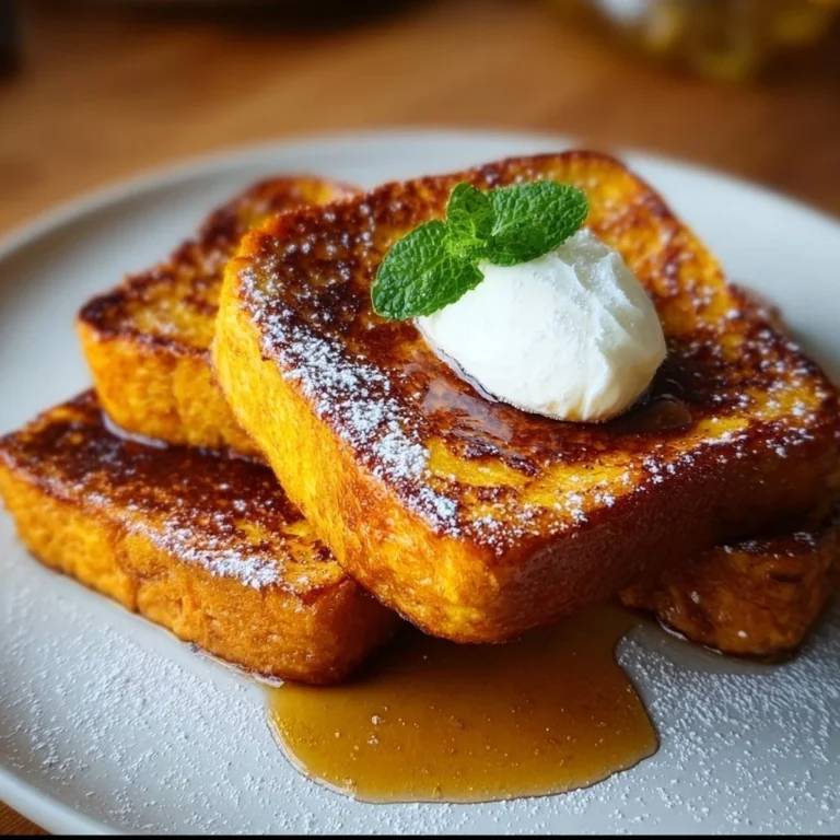 Delicious Pumpkin French Toast topped with maple syrup and whipped cream