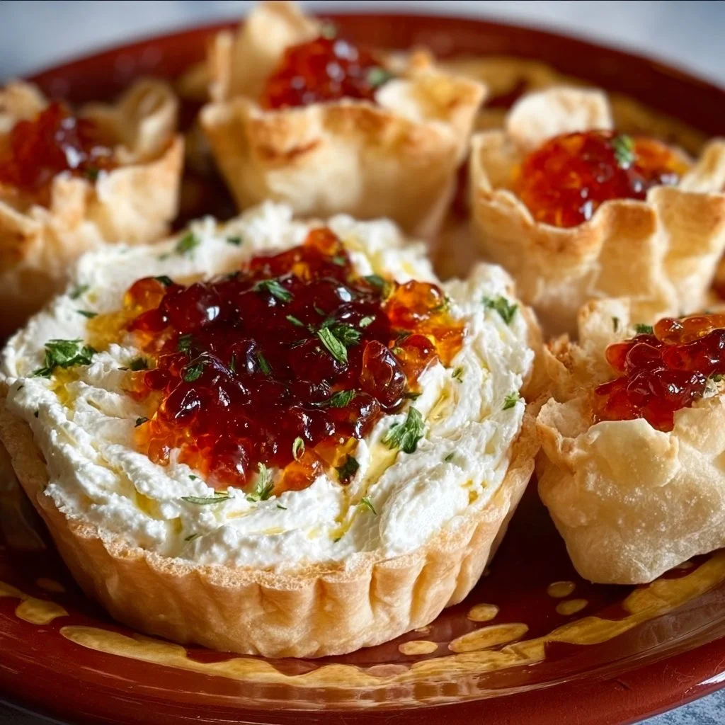 Quick pepper jelly cream cheese appetizer dip with bites on a platter.