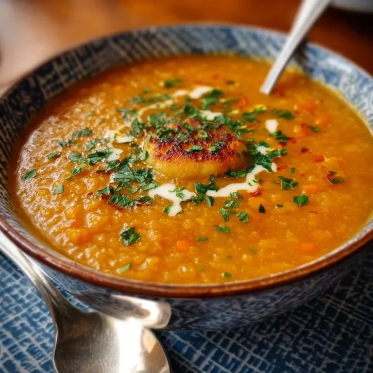 A bowl of hearty and aromatic red lentil soup garnished with herbs.