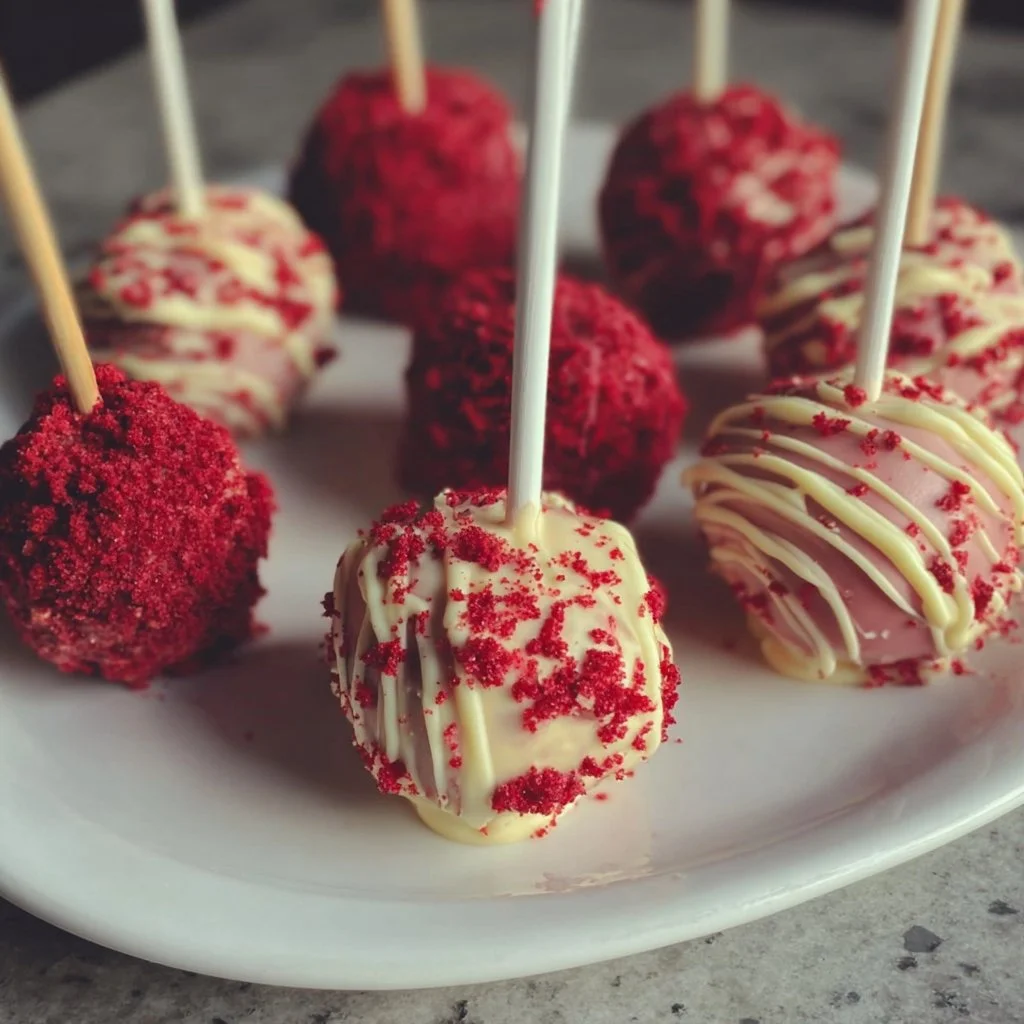Delicious Red Velvet Cake Pops decorated with cream cheese frosting