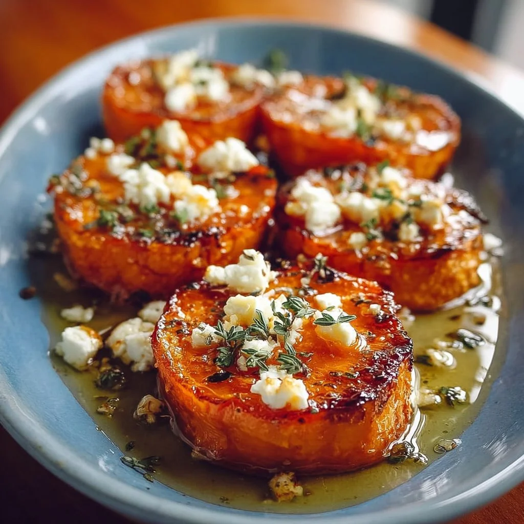 Roasted sweet potato rounds topped with honey and crumbled feta cheese.