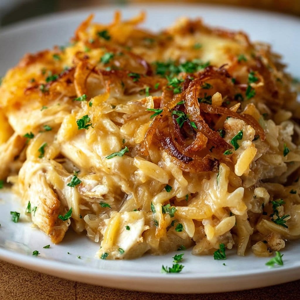 French Onion Chicken Orzo Casserole