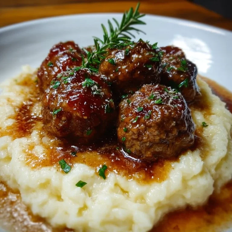 Salisbury steak meatballs served with creamy garlic herb mashed potatoes.