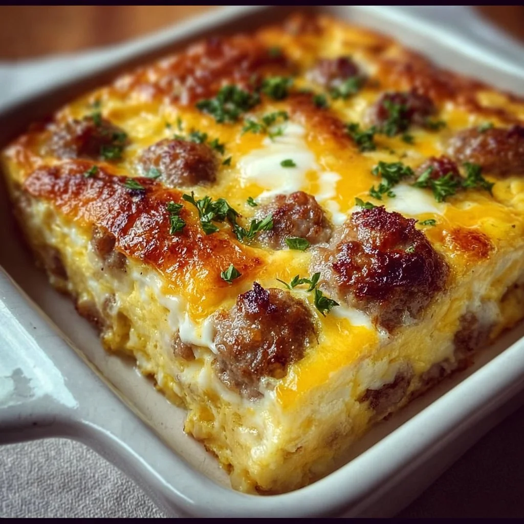 Delicious sausage and egg casserole served in a baking dish