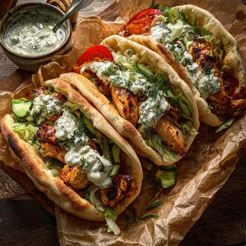 Delicious sheet pan chicken pitas topped with herby ranch dressing.