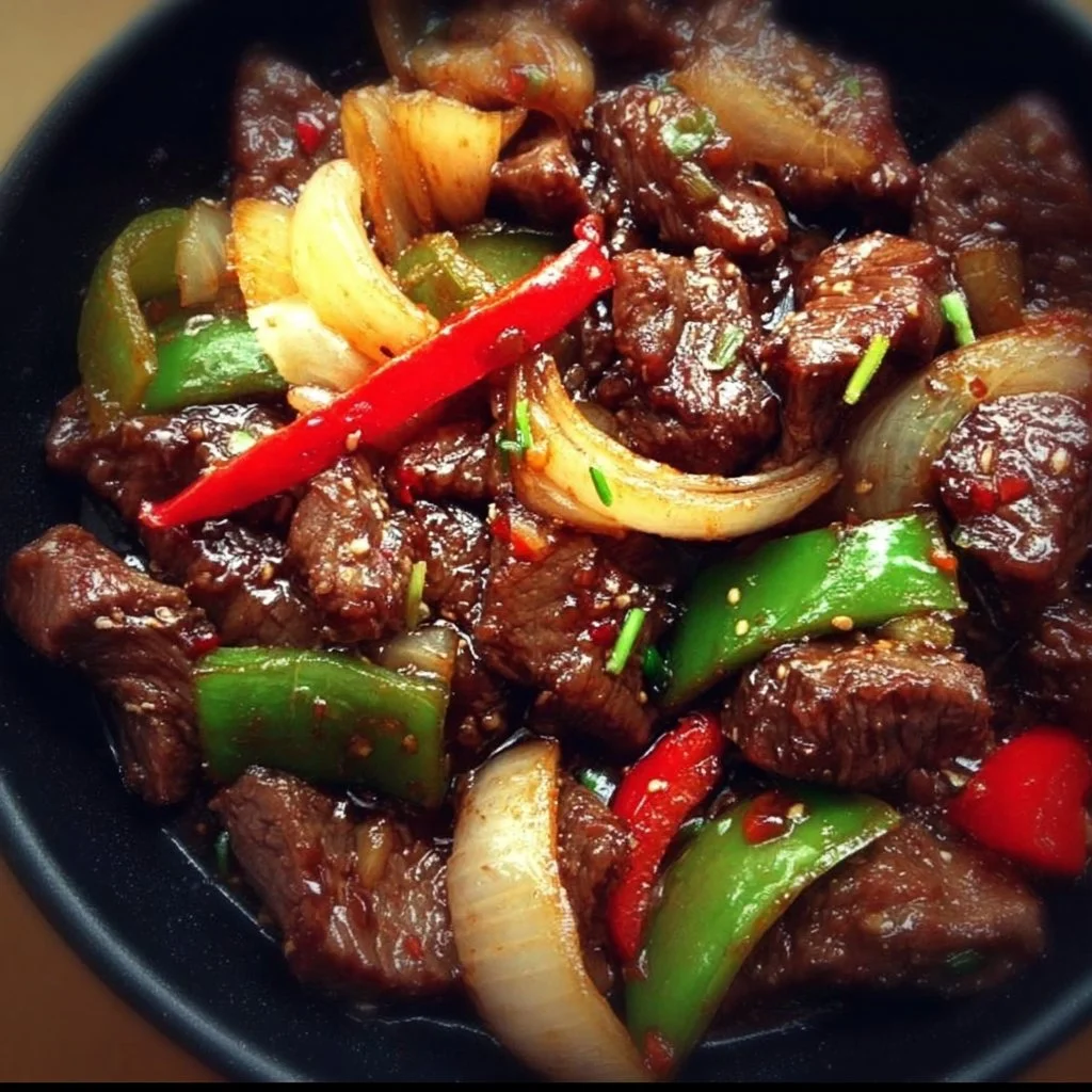 Sizzling Chinese pepper steak with onions served in a bowl